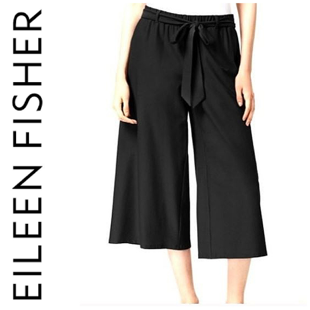 Eileen Fisher Sz S Black Wide Leg Belted Pull On Cropped Wide Leg Pants F18TL